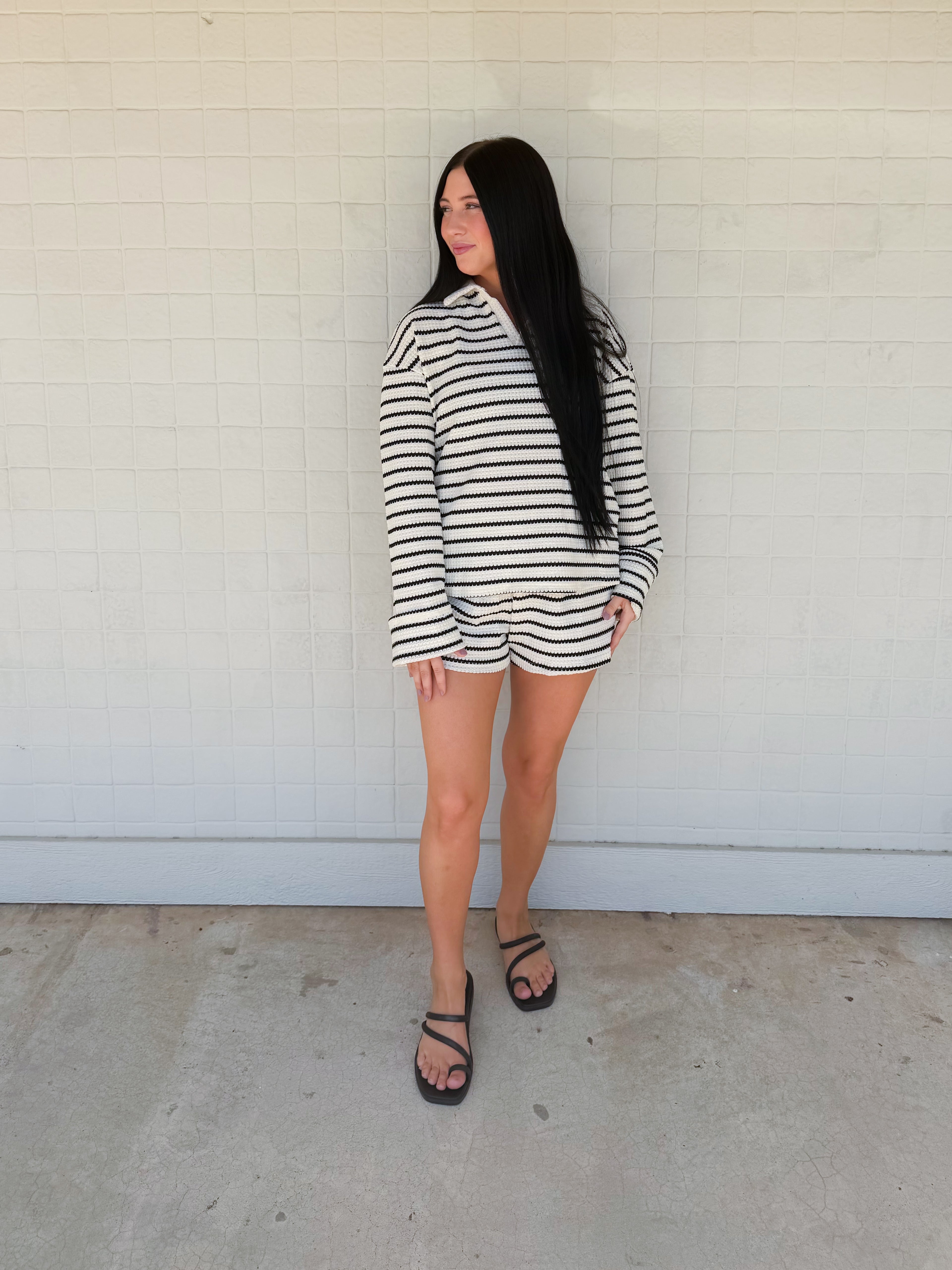 Lovesoft Striped Polo Lounge Set Resort Textured Collared Oversized