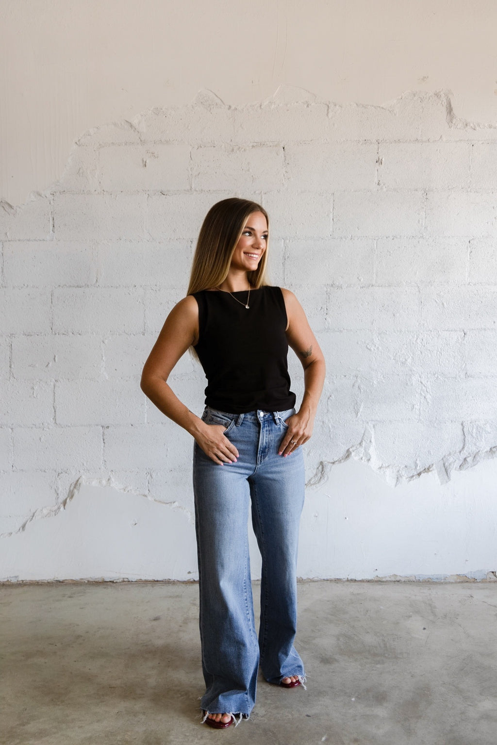 FLYING MONKEY Super High Rise Medium Wash Raw Hem
Wide Leg Jeans