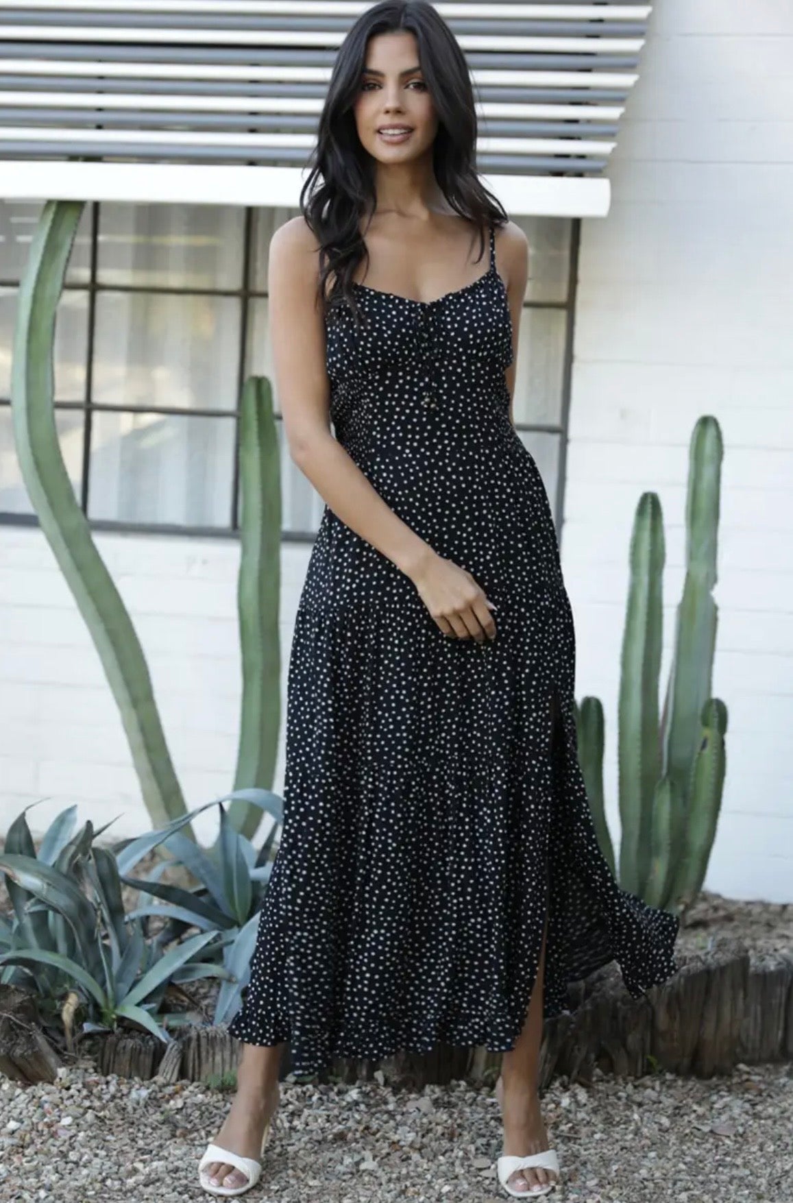 Polka Dot Side Slit Maxi Dress