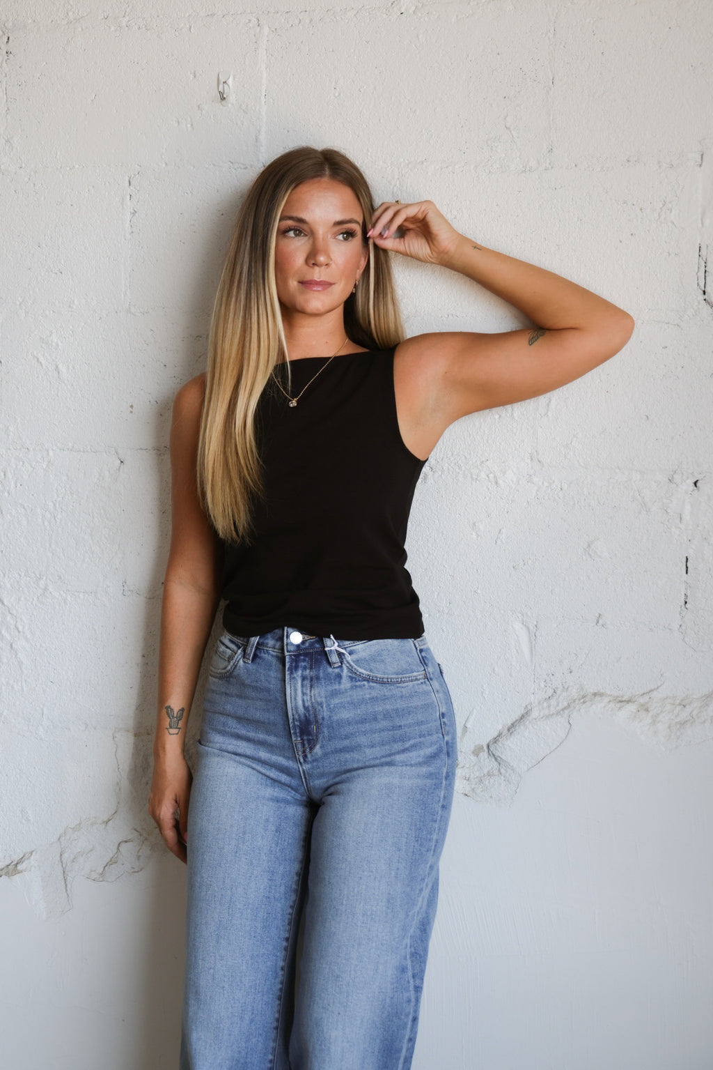 By Together Knit Cotton Spandex Boat
Neck Sleeveless Top In Black