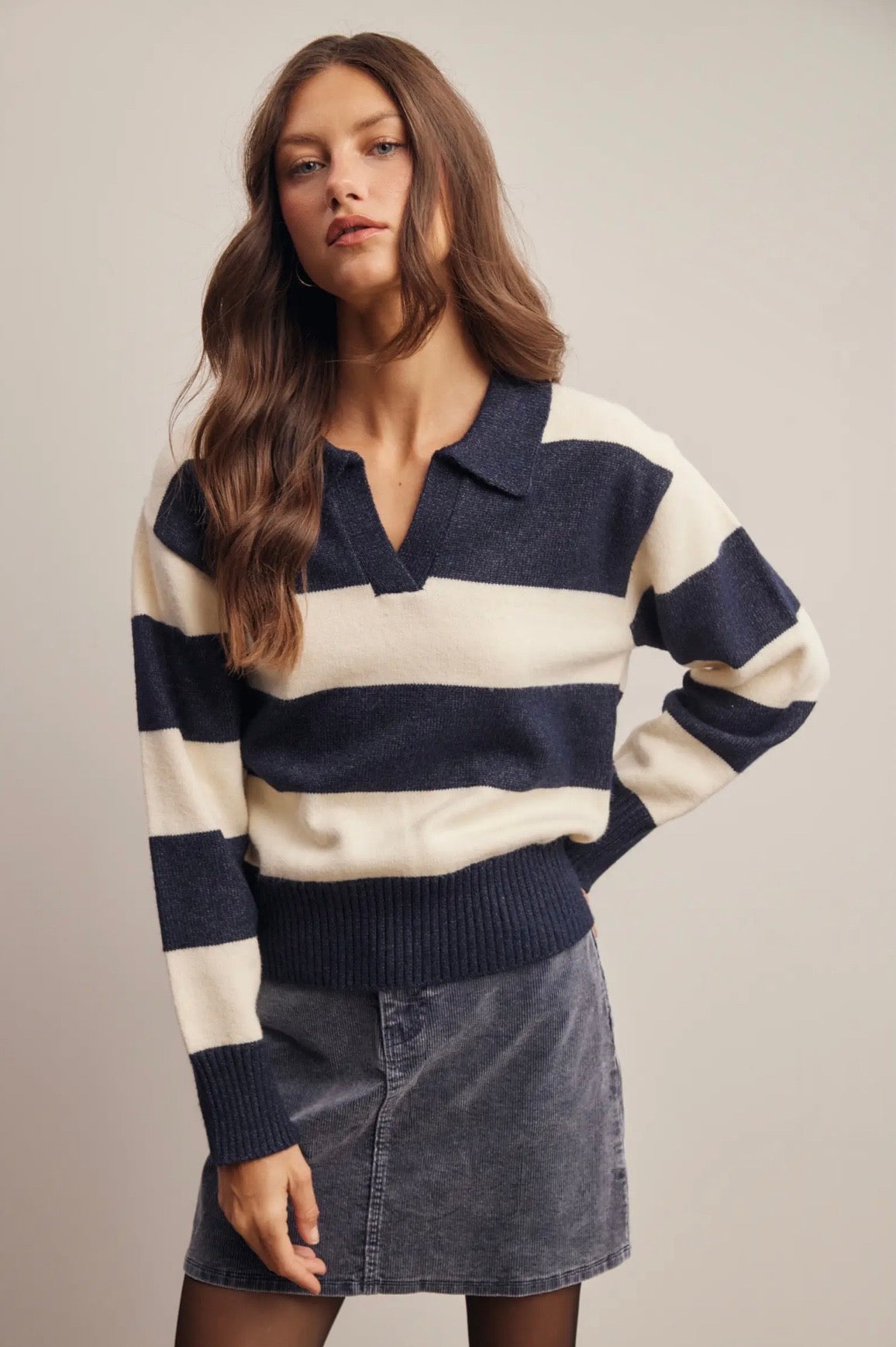 Striped Collared Knit Sweater
