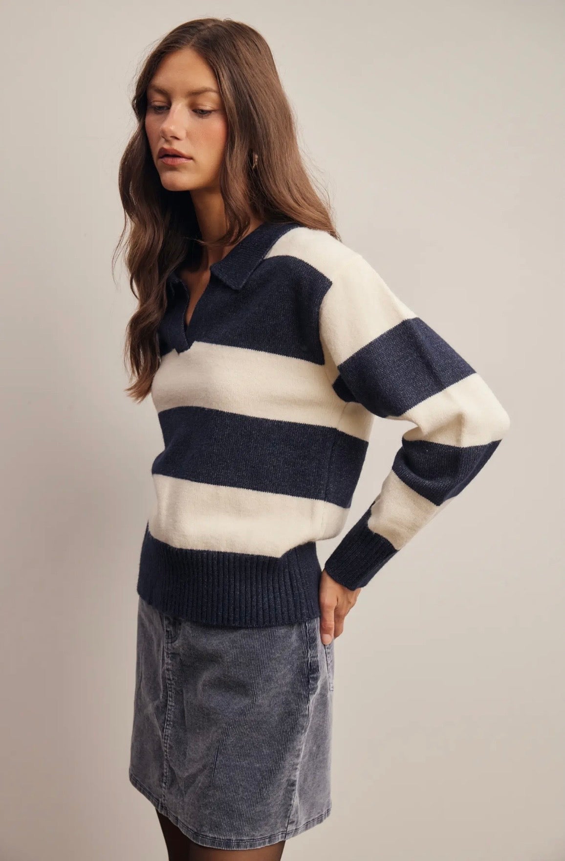 Striped Collared Knit Sweater