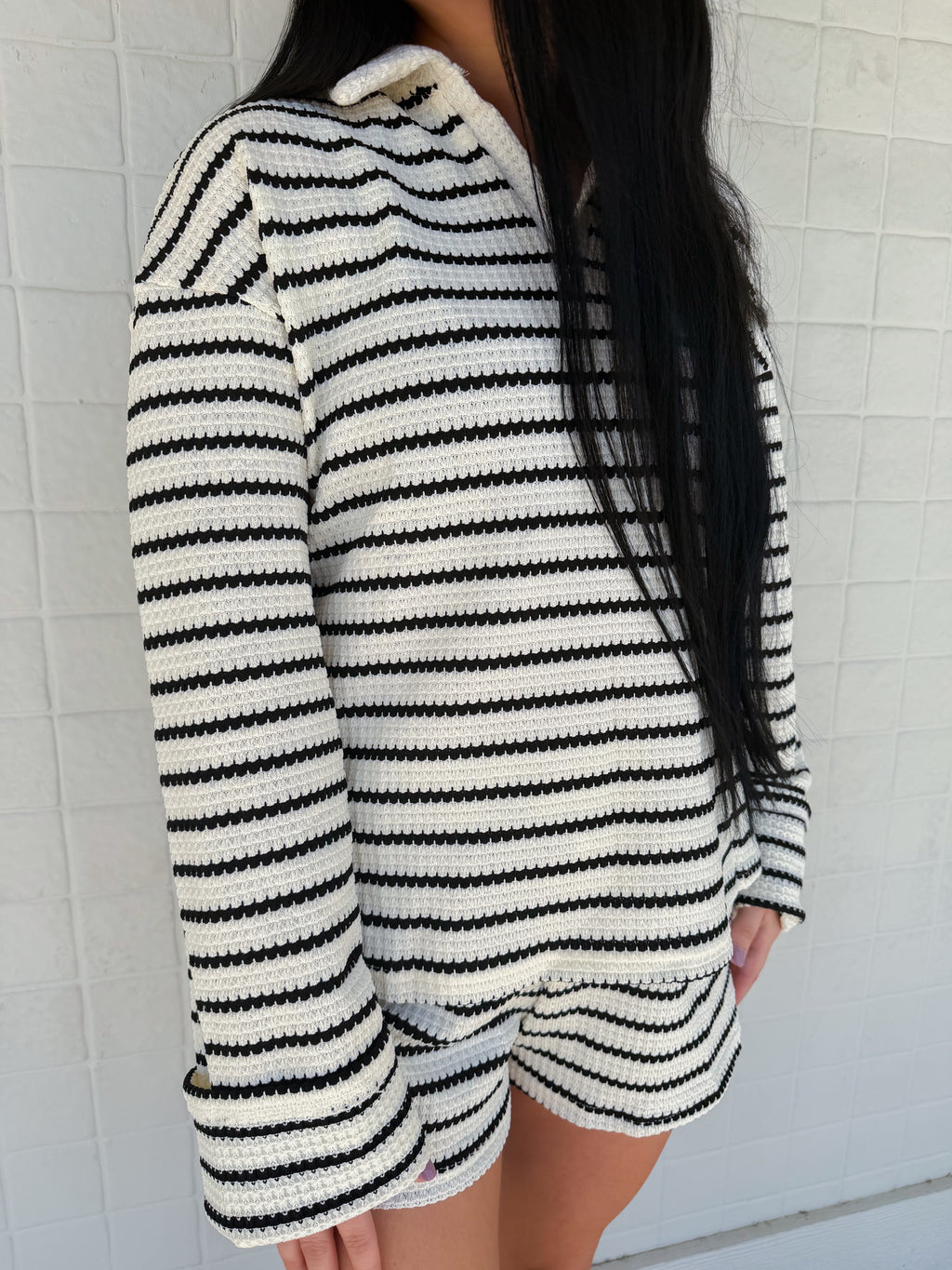 Lovesoft Striped Polo Lounge Set Resort Textured Collared Oversized