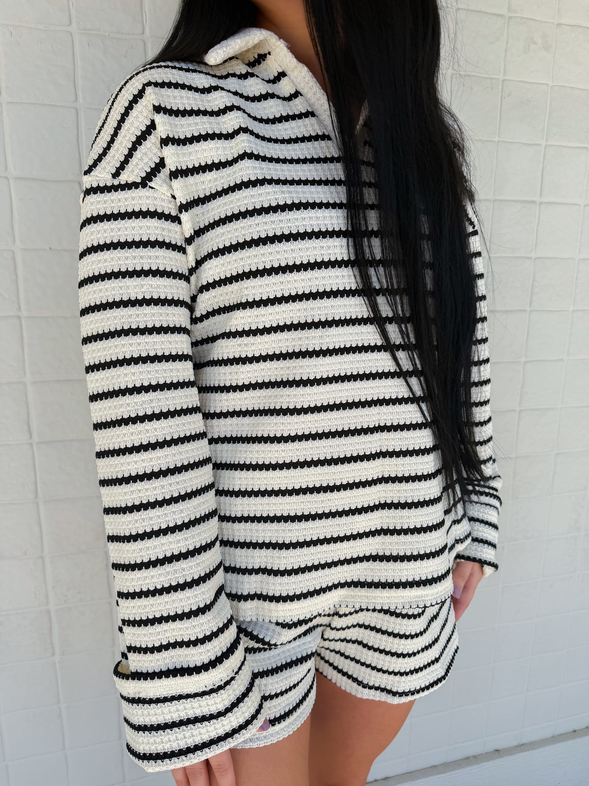 Lovesoft Striped Polo Lounge Set Resort Textured Collared Oversized