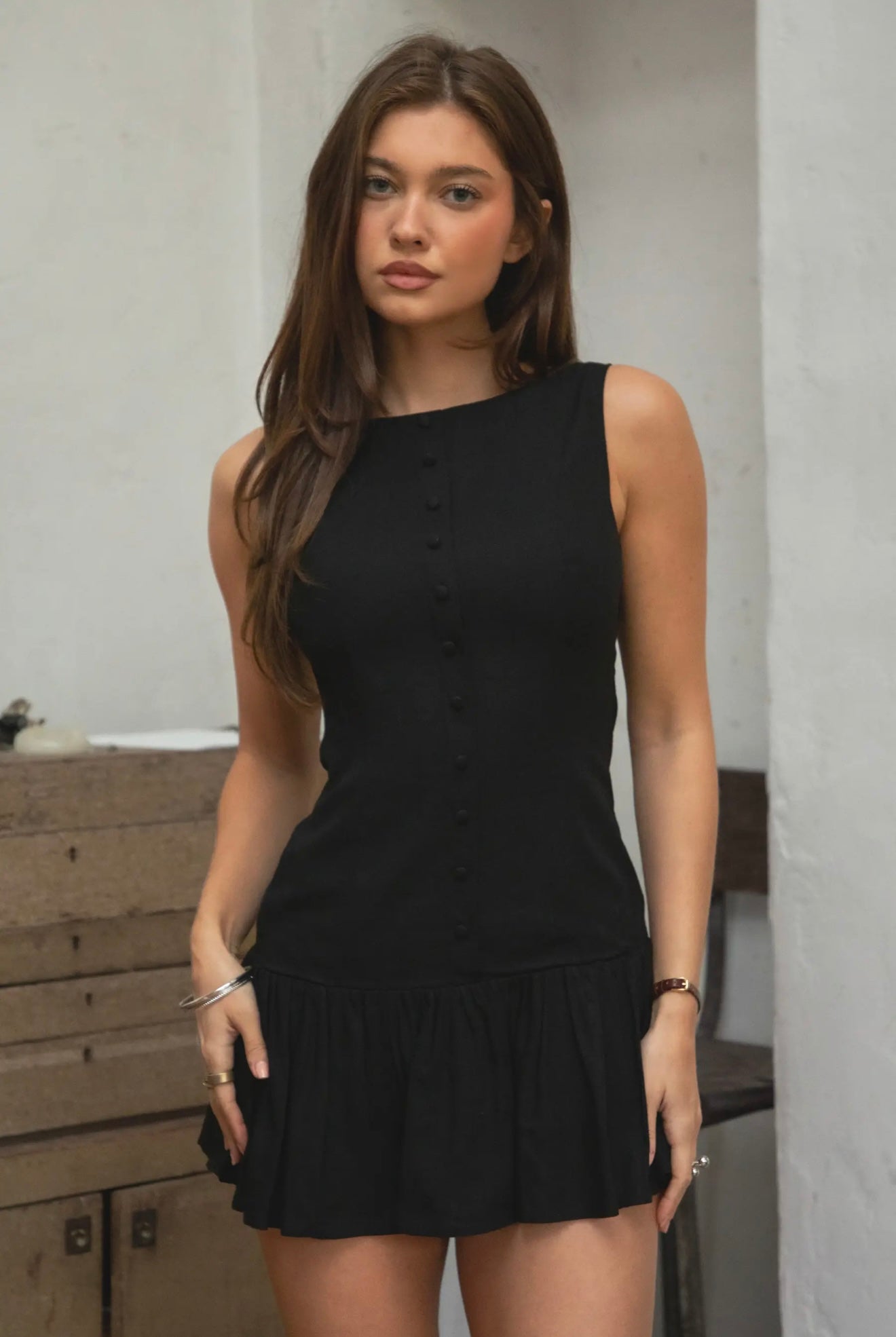 TICTOC Linara Low Drop Waist Boat Neck Mini Dress