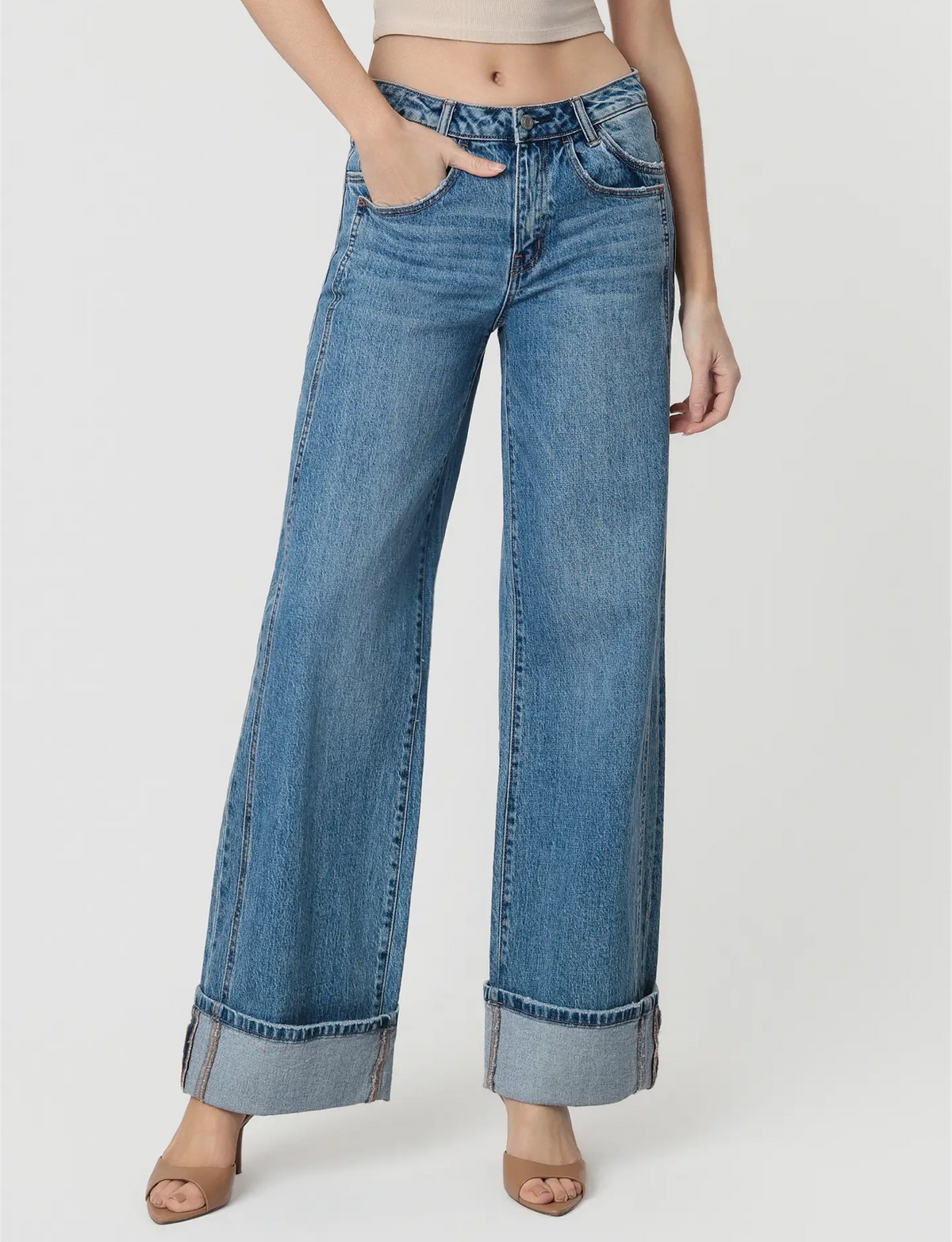 Vervet by Flying Monkey  High Rise Cuffed Panel Baggy Wide Jeans