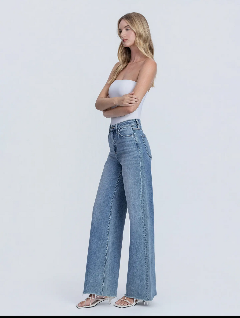 FLYING MONKEY Super High Rise Medium Wash Raw Hem
Wide Leg Jeans
