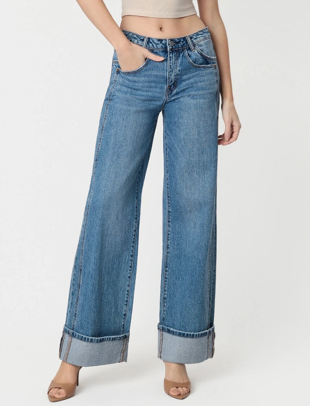 Vervet by Flying Monkey  High Rise Cuffed Panel Baggy Wide Jeans