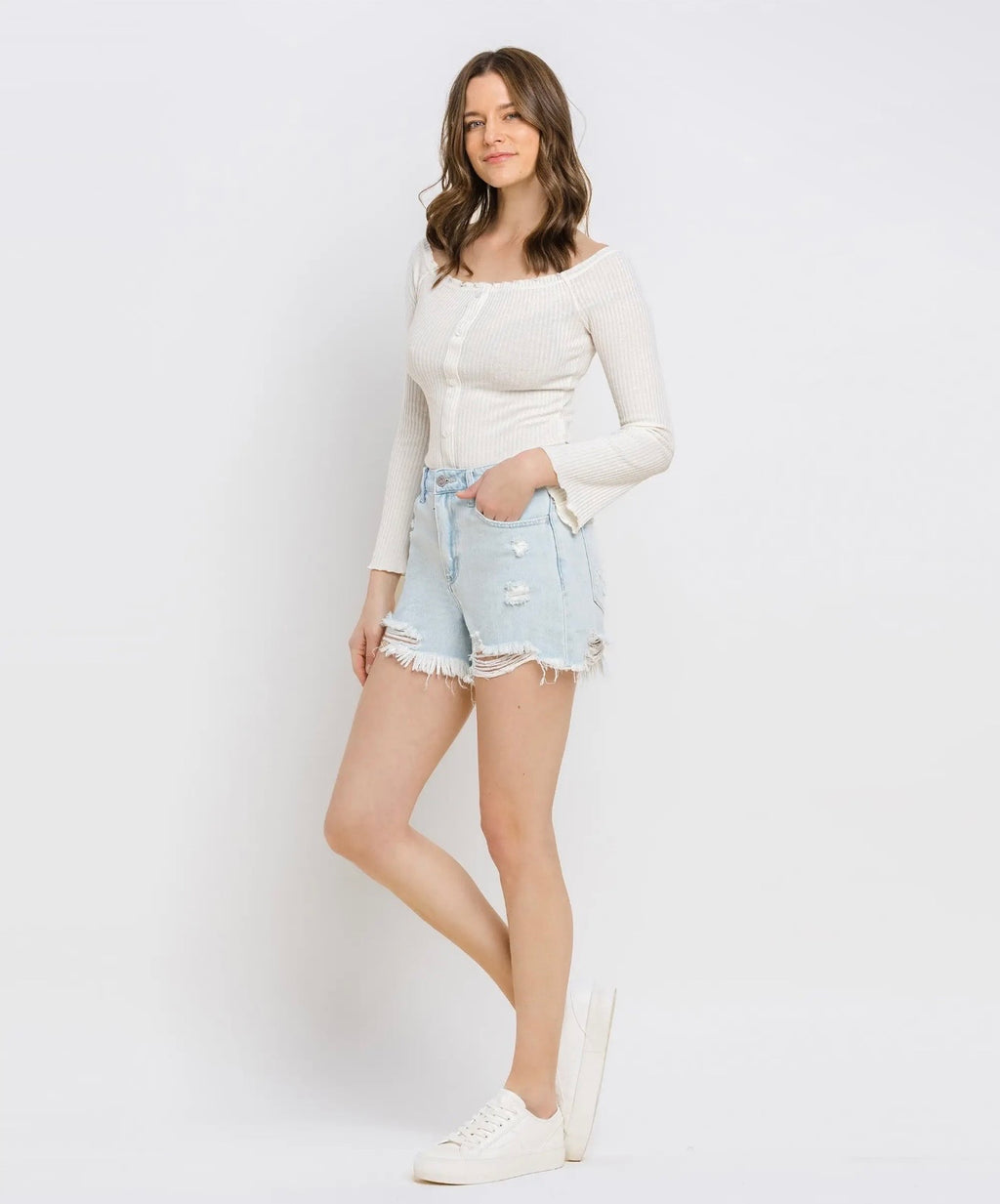 Vervet by Flying Monkey High Rise Distressed Mom Shorts
