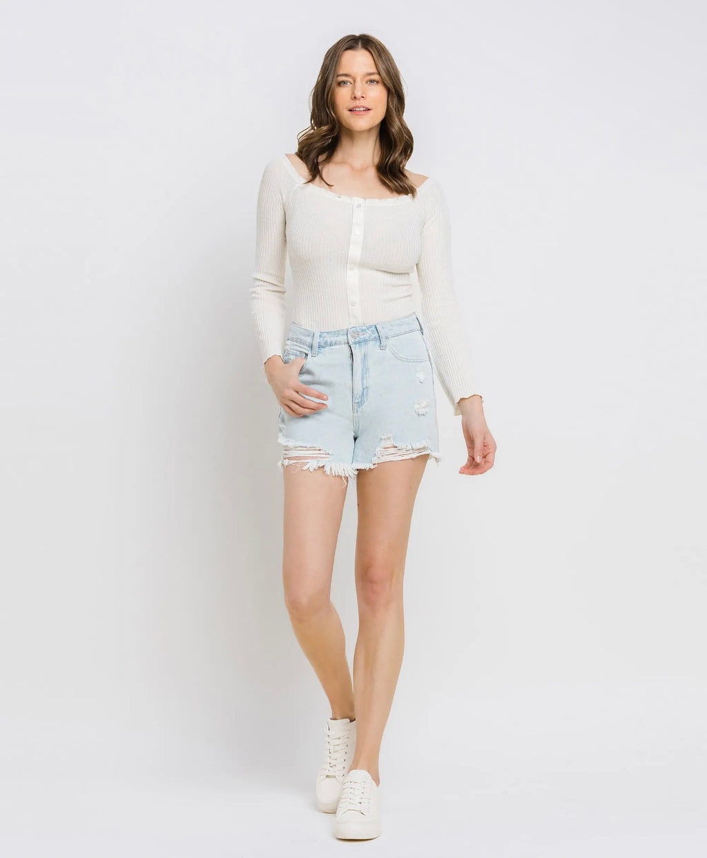 Vervet by Flying Monkey High Rise Distressed Mom Shorts